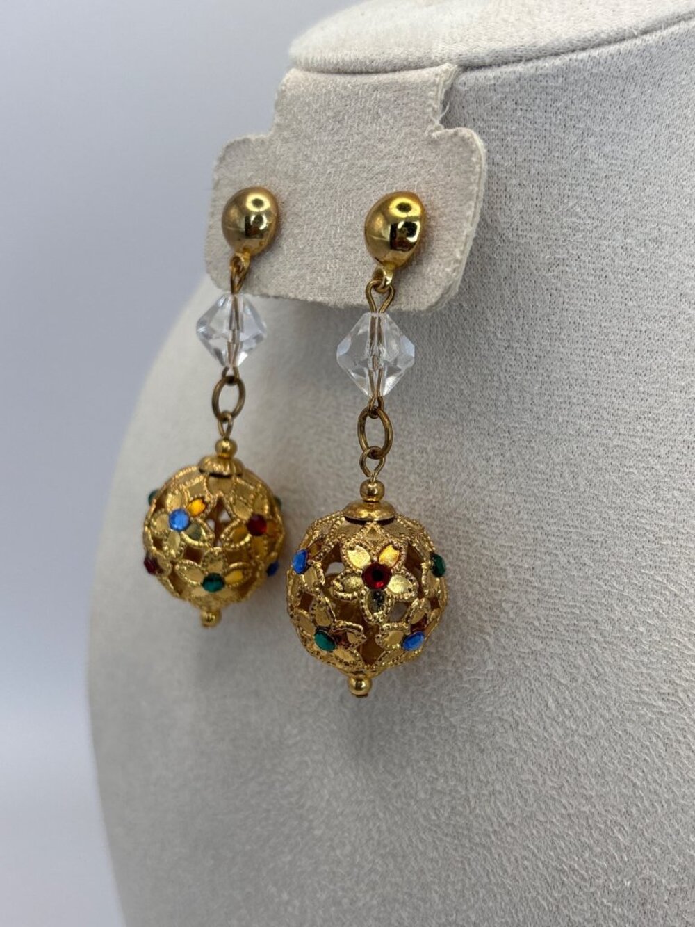 Vintage Gold Tone Dangle Filigree Ball Color Crystals Renaissance Style Earrings - Picture 2 of 4
